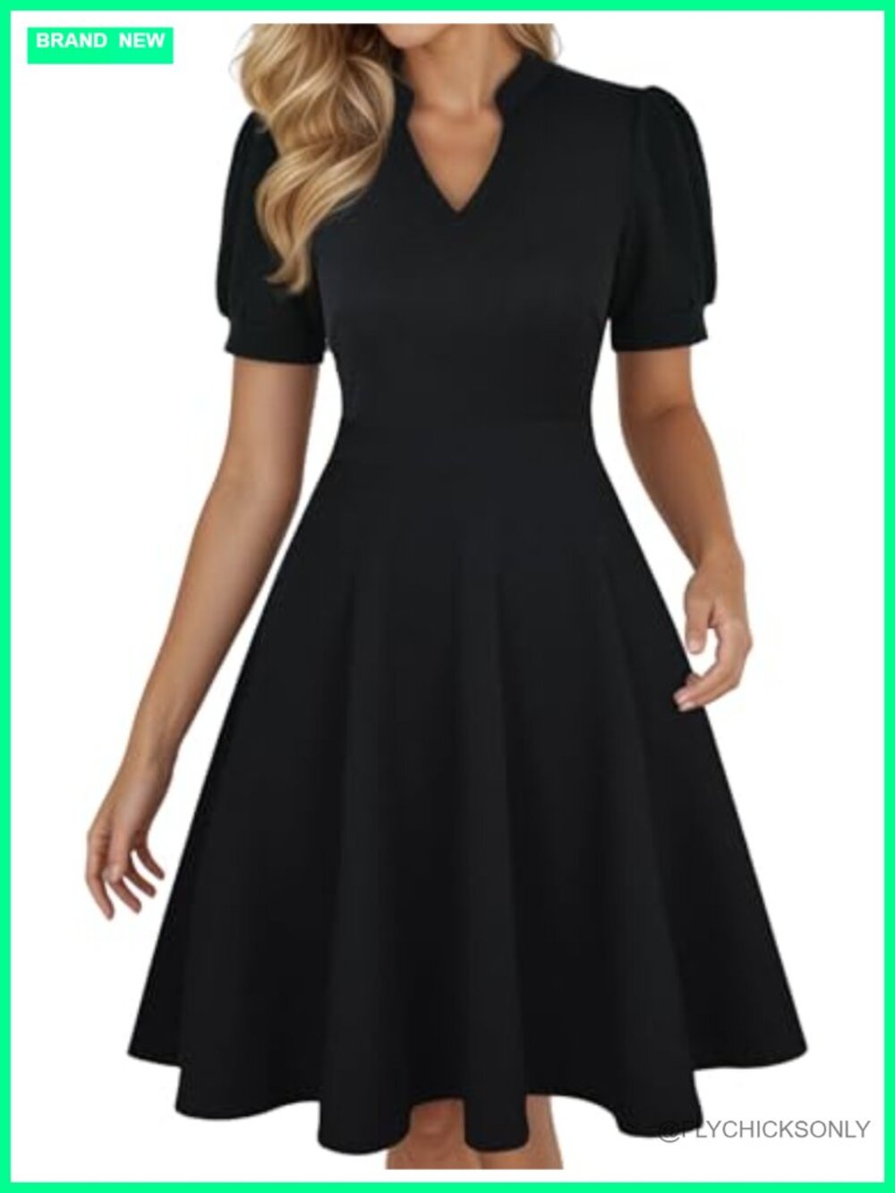 V-Neck Puff Sleeve Fit and Flare Dress with Pockets